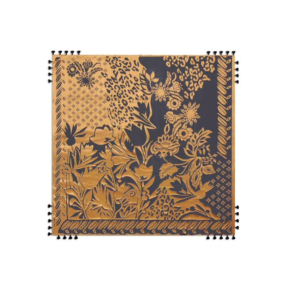 Johnny Was Lola Silk Burnout Scarf Square Large Floral Gold Black Tassel NEW